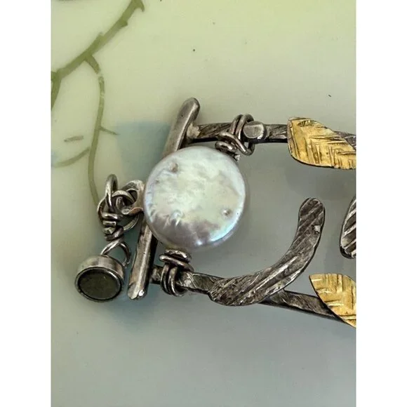 Vintage 90s Modernist Donna Burdic Bracelet Coin Pearls Sterling Gold Leaves